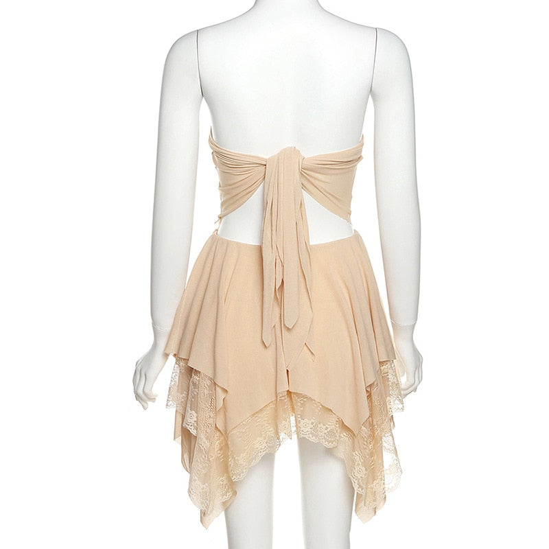 Lizakosht  Y2k Fairy Core Nude Mesh Tube Irregular Hem Mini Dresses for Women Party Wear Summer Sexy Lace Strapless Cocktail Dress
