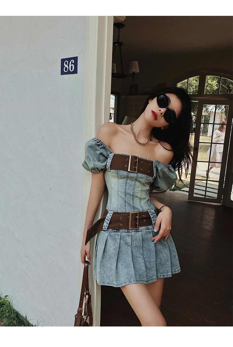 Lizakosht Sexy Y2k Dress Denim Women Streetwear Chic Bodycon Summer Mini Dresses Pleated Square Collar Puff Sleeve Party Robe