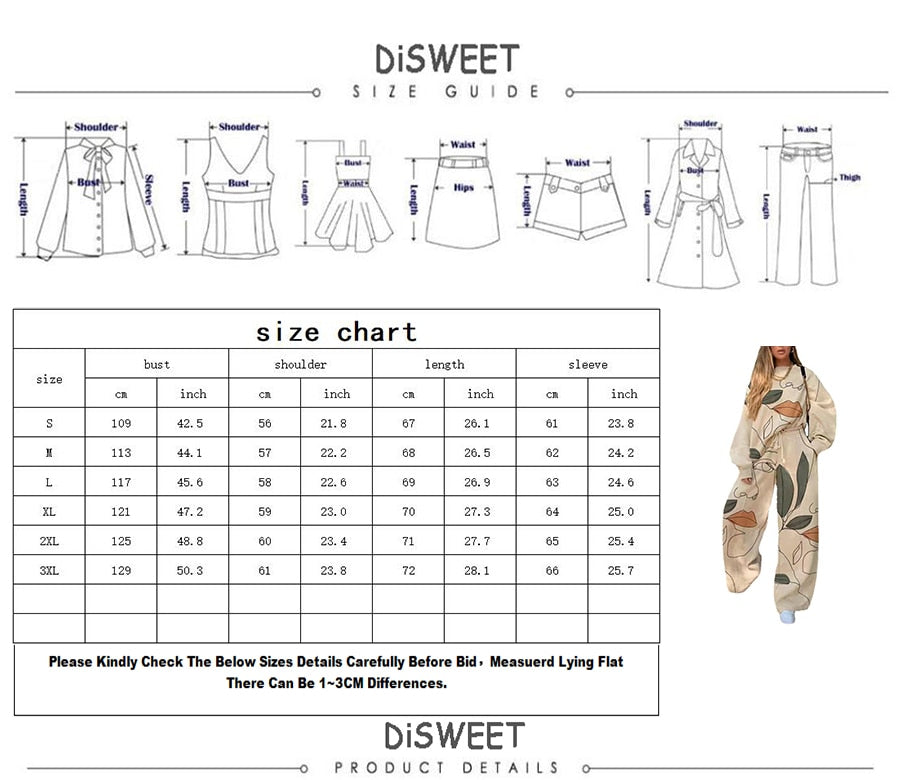 Lizakosht Autumn 2-Piece Set Women's Printed Casual Round Neck Sweater + Sports Wide Leg Pants Streetwear Basic Hoodie Set