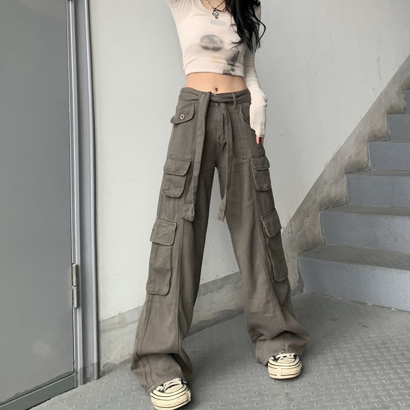 Lizakosht New Cargo Pants Y2K Women Vintage Elastic High Waist Big Pockets Trousers Streetwear Hip Hop Drawstring Retro Baggy Jeans ins