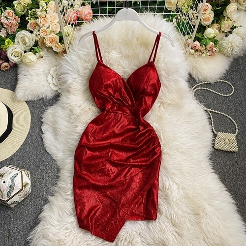 Bronzing Folds Sexy Dress Women Summer V Neck Party Mini Dresses Woman Slim Short Slit Spaghetti Strap Dress Vestidos