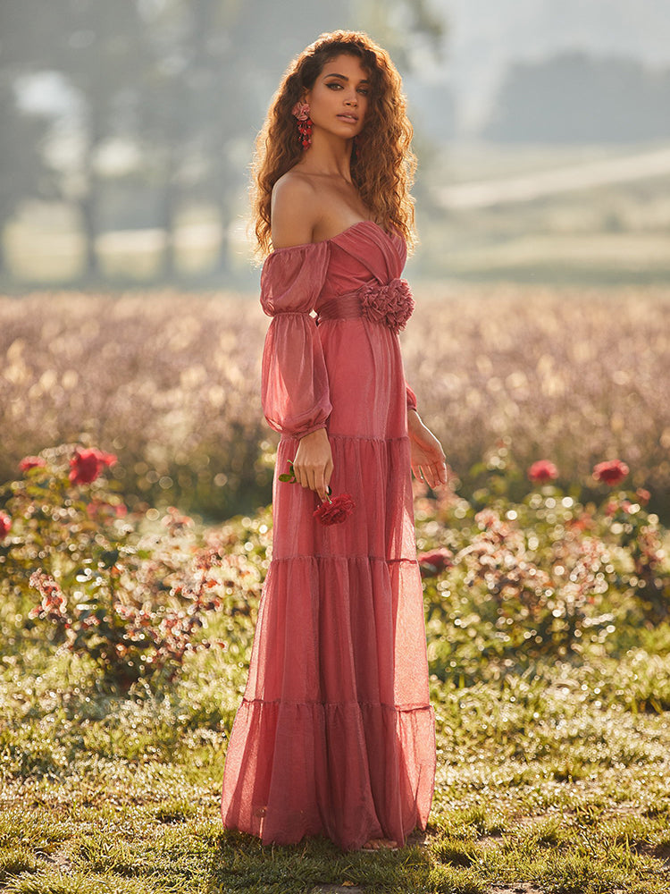 New Summer Women'S Dress One Word Neck Long Sleeve Solid Color Dresses Sexy Backless Pastoral Style Wine Red Lace Dress
