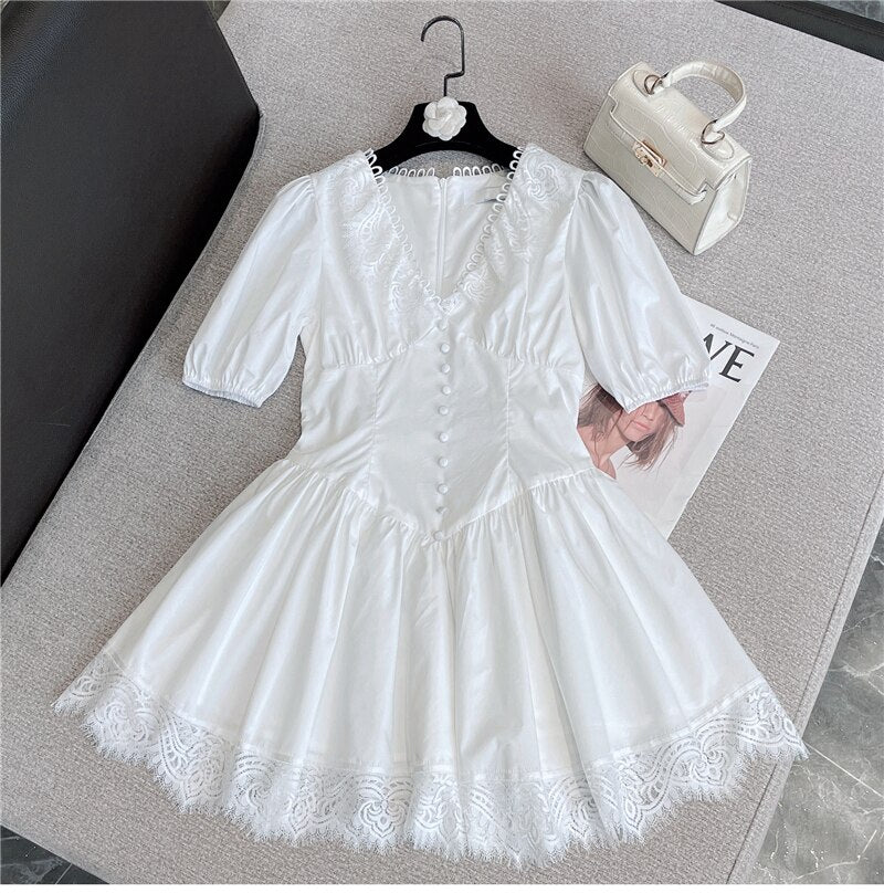 V-neck Lace Princess Dress Sexy Women's Summer Mini Dress 2022 Black High Waist  Slim Puffy Short Sleeve Party Dress Robe Femme