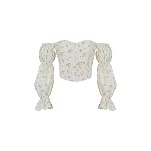 One Shoulder Long Bubble Sleeve Floral Shirt Spring Summer Top Women's Design Sense Niche Short Lining Aesthetic Clothes Kawaii