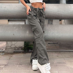 Lizakosht Harajuku Pockets Cargo Jeans Sashes Korean Fashion Loose Straight Denim Trousers Y2K High Waist Pants Vintage Streetwear