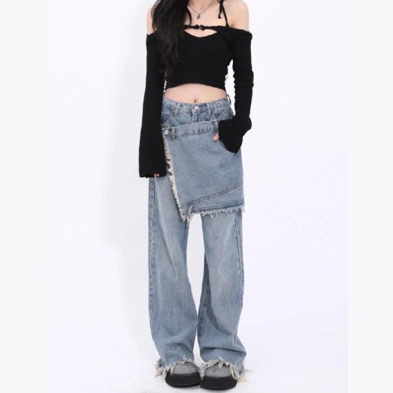 Feiernan Vintage Women Pants Y2k Patchwork Low Waist Denim Jeans Blue Full Length Trousers Spliced Oversized Wide Leg Bottoms