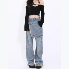 Feiernan Vintage Women Pants Y2k Patchwork Low Waist Denim Jeans Blue Full Length Trousers Spliced Oversized Wide Leg Bottoms