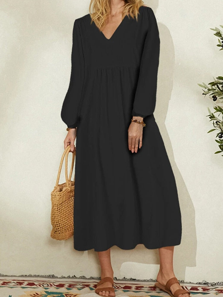 Lizakosht  Summer Spring Solid V Neck Lantern Sleeve Dress Elegant Casual Loose Cotton Linen Party Dress Women Office Commute A-Line  Dress