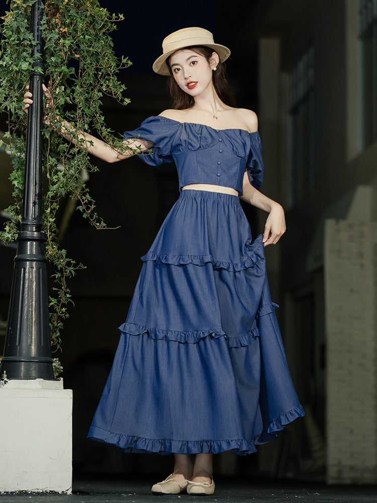 Lizakosht Summer Denim Blue 2 Piece Set Woman Vintage Chic Slash Neck Puff Sleeve Short Design Shirt Tops & Long Midi Skirt Lady Outfits
