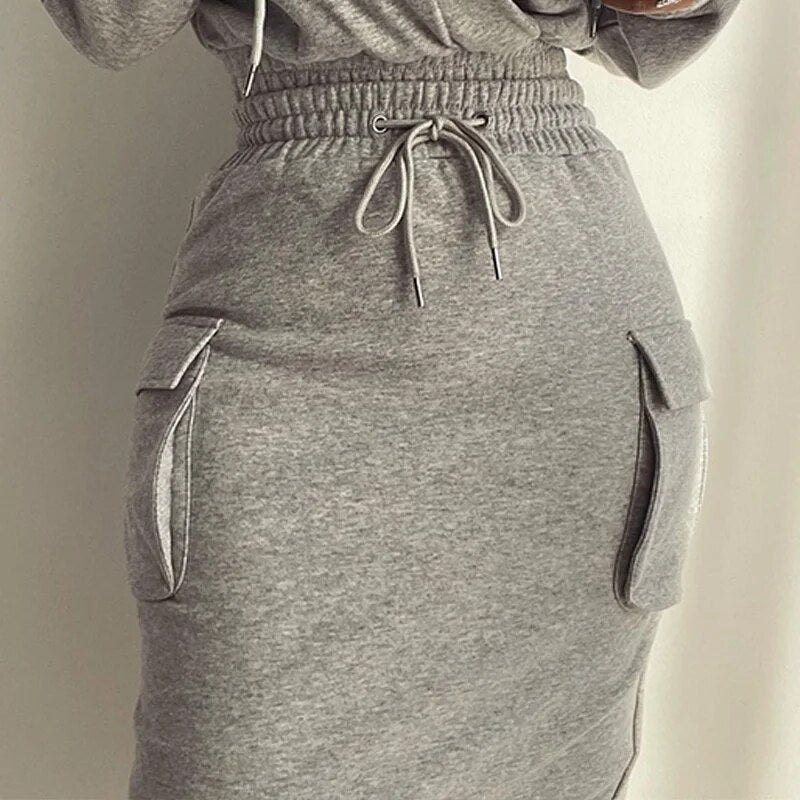 Lizakosht Christmas Autumn Winter Casual Long Sleeve V Neck Lowcut Grey Dress Flap Detail Drawstring Waist Hooded Sweatshirt Dress