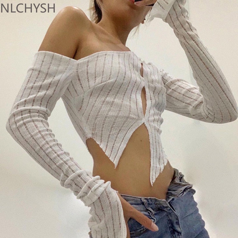 Casual grid Hollow Out Crop Top For Women Long Sleeve Sexy O Neck Pullover Slim Slant Button T Shirts Y2K 2022 Autumn