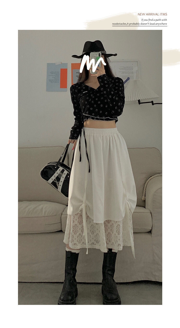 HOUZHOU Long Skirts Lace Patchwork Women Harajuku Irregular High Waist Bow Bandage A-line Midi Skirt Kawaii Japanese Streetwear