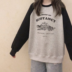 Lizakosht Vintage Sweatshirt Women Autumn Letter Print Fleece Loose Raglan Sleeve Cotton Pullovers Grunge Clothes