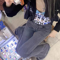 Feiernan Y2k Grey High Waist Jeans for Women Harajuku Flare Pants Classic Denim Full Length Trousers Punk Vintage Bell Bottoms