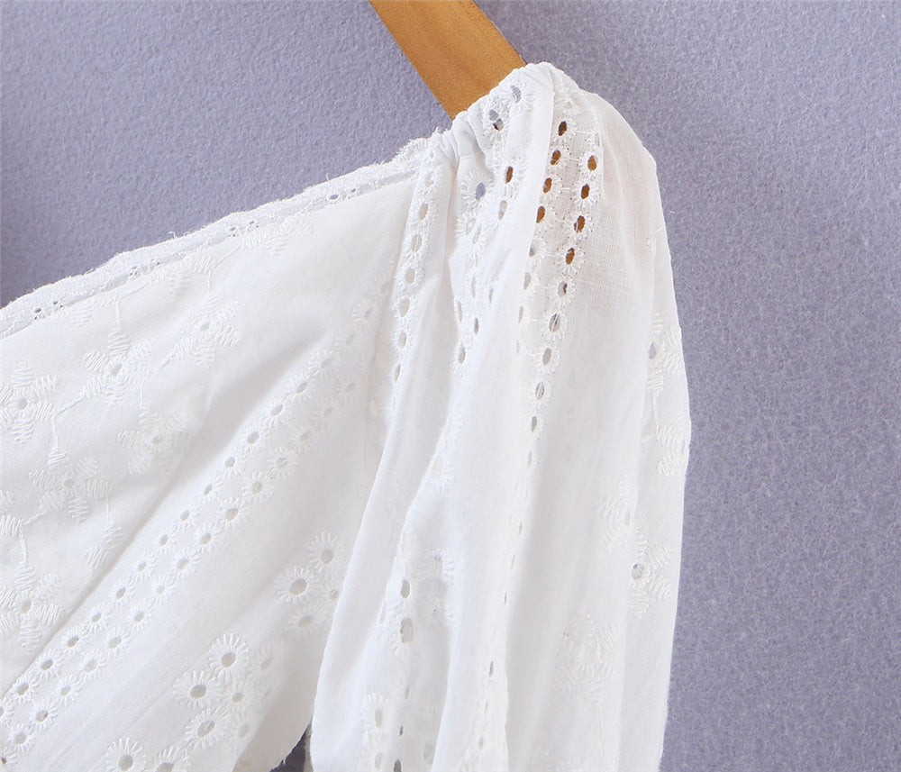 Elegant white lace top short sleeve korean fashion blouses for women 2022 Summer backless top ruched puff sleeve top cotton