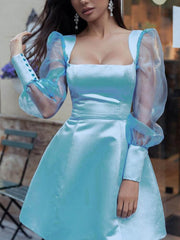 Lizakosht  Elegant Puff Shoulder Long Sleeve Party Dress Spring Fashion Sexy Square Collar Mini Dress New Women Sheer Mesh Silk Satin Dress