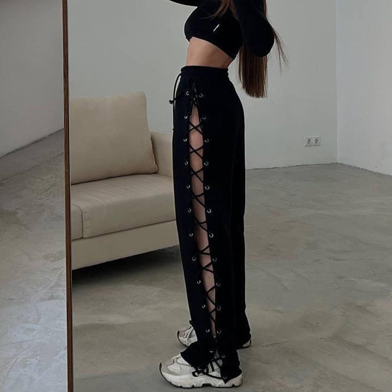 Lizakosht Women Summer Casual Baggy Pants Solid Color Drawstring Waist Side Hollow Bandage Wide Leg Pants y2k Harajuku Joggers