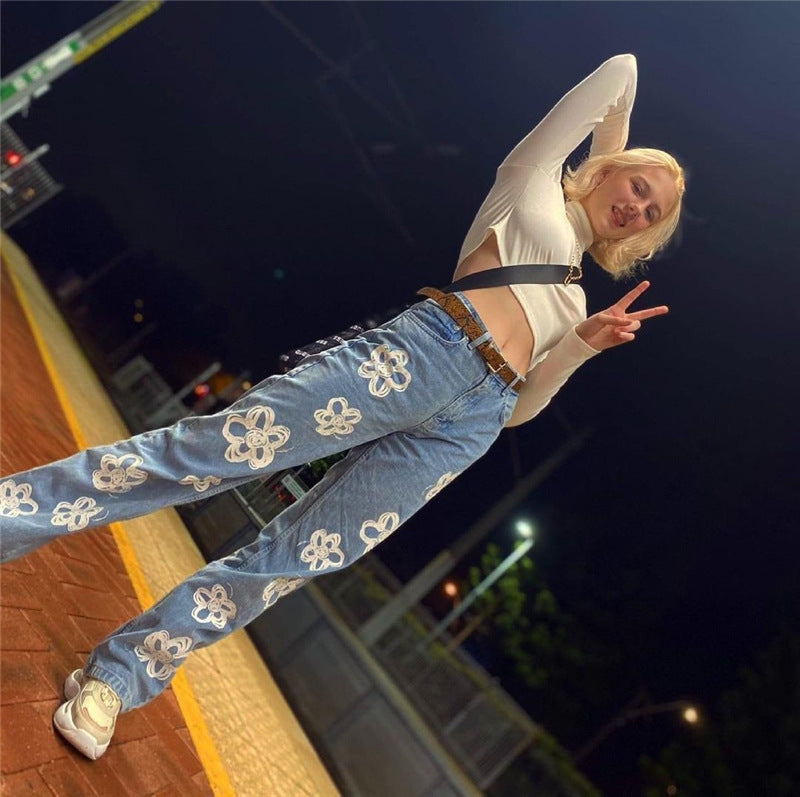 Retro Flower Fashion New Print Graffiti High Waist Jeans Women Casual Straight Jeans Y2k Baggy Wide Leg JeansWomen's Clothing