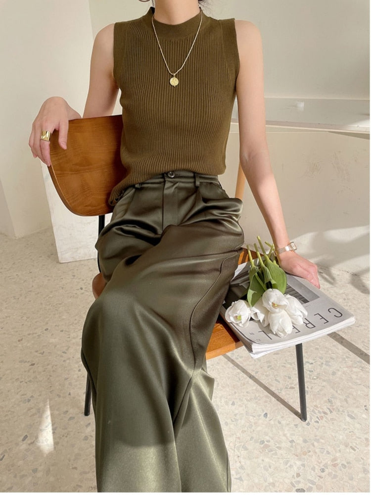 Lizakosht  Summer Autumn Women's Pants Loose Classic Black Straight High Waist Casual Korean Silk Satin Wide Leg Trousers for Women Pants