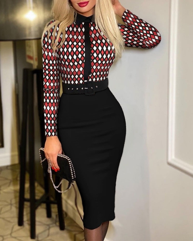 Lizakosht Summer Print Knee-length Plaid O-neck Belt Pencil Office Lady Dress Summer Women Long Sleeve Midi Elegant Robe Dresses Clothes