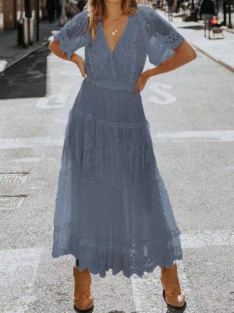Sexy Solid Color Lace Ruffle Short Sleeve Dress Women Elegant V-Neck Mesh Splicing Long Party Dress New Summer Commute Dresses