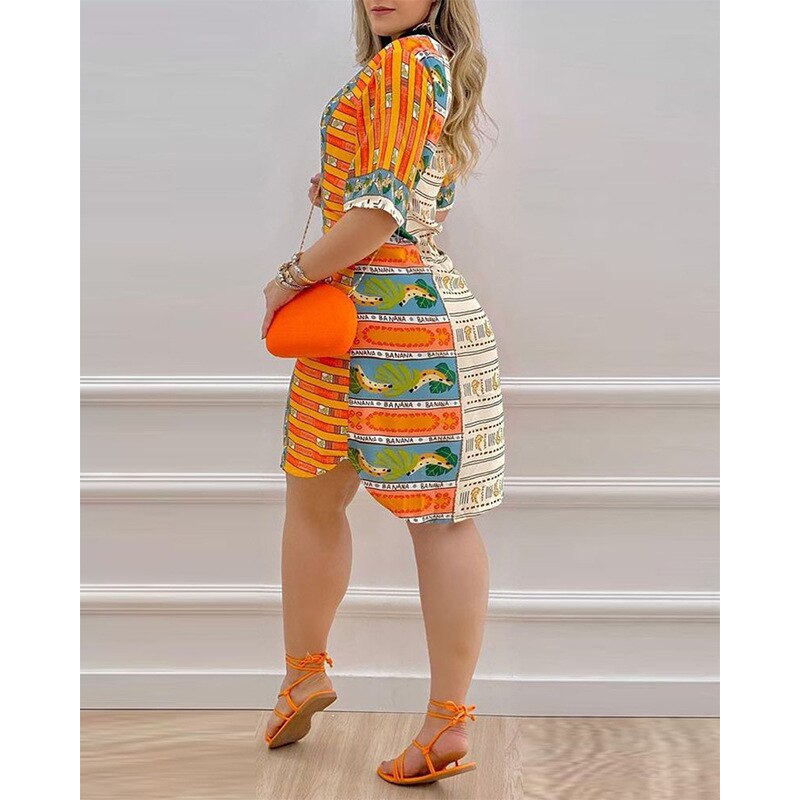 Spring Summer New Irregular Dress Fruit Printed Short Skirt Women's Clothing Mini Dress Half Sleeve High Waist