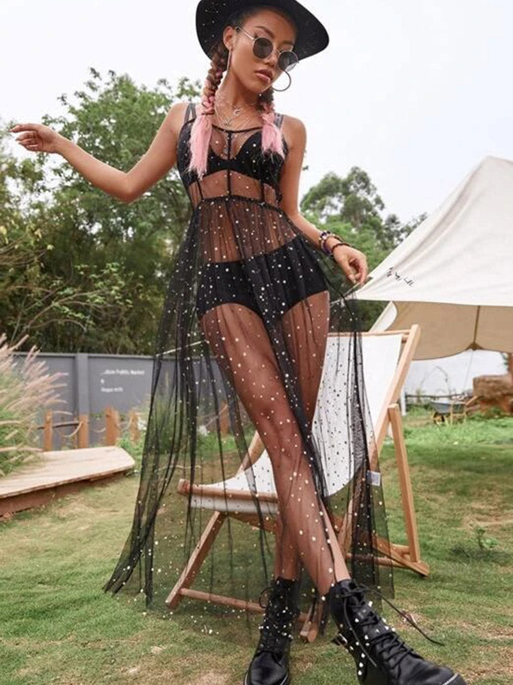 Lizakosht  Sexy Perspective Star Mesh Bikini Cover Up Dress Fashion Ins Style Street Sling Dress New Long Net Yarn Female Beachwear Dress