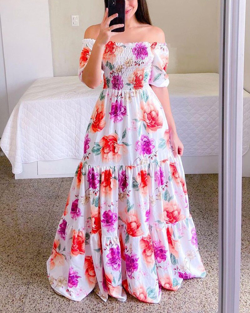 Wepbel 2022 Slash Collar Maxi Dress Women Off-Neck Printed Large-Hem Tube Top Dresses Slim Fits Full Length Bohe Dress Vestidos