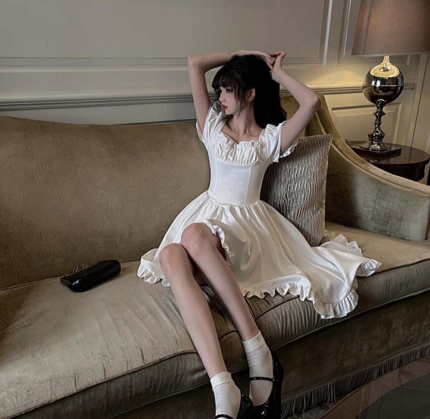 Vintage Lolita Dress Women Irregular High Low Ruffle Patchwork Square Collar Puff Sleeve Solid Elegant Princess Dress