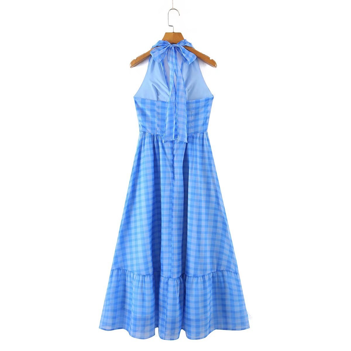 Lizakosht Romantic Women Blue Plaid Halter Long Dress Sexy Backless Sleeveless Ladies Holiday Summer Dresses Fairy Robe