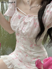 Summer Floral Baech Korea Sweet Dress Women Print Lace Casual France Vintage Fairy Dress Pink Sexy Elegant Party Mini Dress 2022