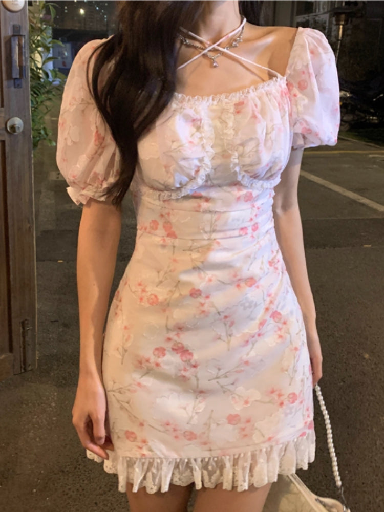 Summer Floral Baech Korea Sweet Dress Women Print Lace Casual France Vintage Fairy Dress Pink Sexy Elegant Party Mini Dress 2022