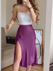 Lizakosht Summer Two Piece Set Women Skirt Ladies Elegant Camisole + Buttons High Split Solid Skirt Suits Femme Sexy Clubwear Outfits