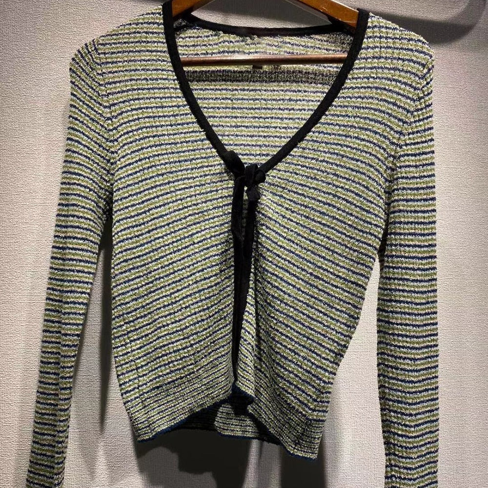 Lizakosht Rowling Mirror Striped Belt Knit Women Cardigan V-neck Long Sleeve Loose Lady Blouse Casual Female Tops