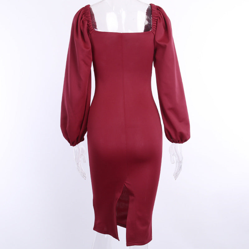 Elegant Evening Party Long Dress Women Long Lantern Sleeve V Neck French Slim Dresses Spring Summer Solid Streetwear Sexy Dress