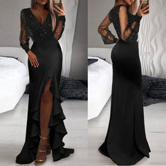 Lizakosht Elegant Women V Neck Black Party Club Dress Evening Maxi Dress Glitter Sheer Mesh Sleeve Split Thigh Ruffle Hem Prom Dress Gown