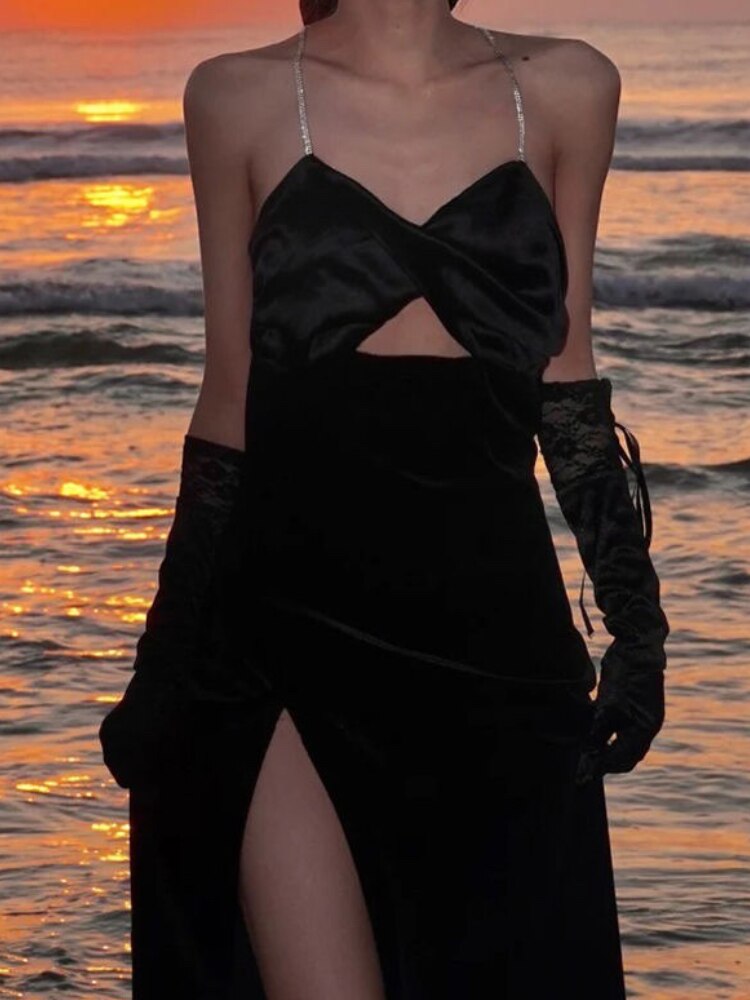 Summer Elegant Sexy Spaghetti Strap Midi Women Black Dress Bodycon Slim Backless Beach Party Vestidos Female Fashion Clothes