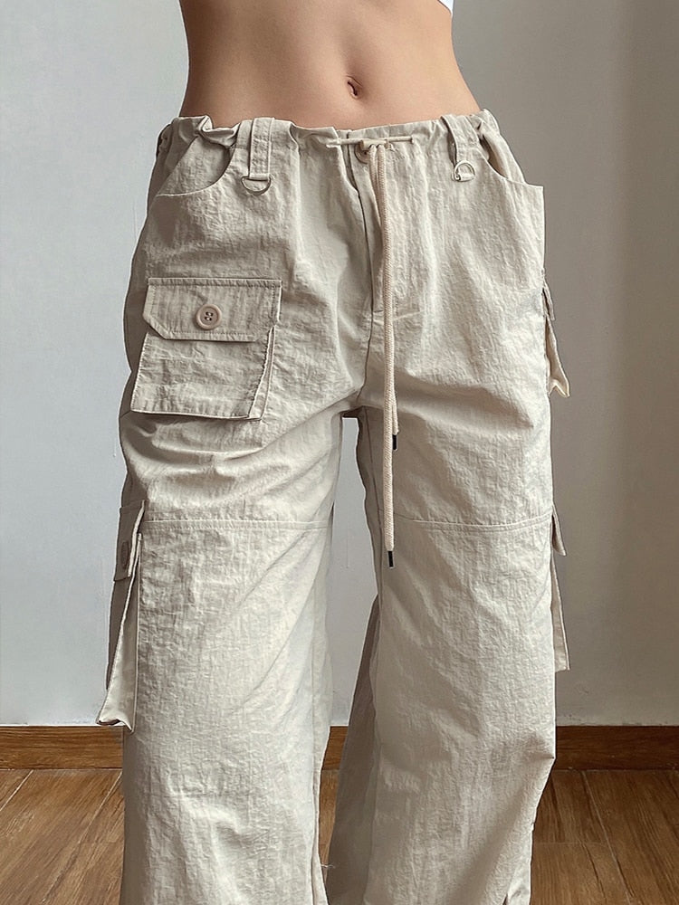 Lizakosht Fashion Pocket Patchwork Straight Pants Light Khaki Low Rise Baggy Casual Cargo Pants for Women Harajuku 2000s Jogging Overalls