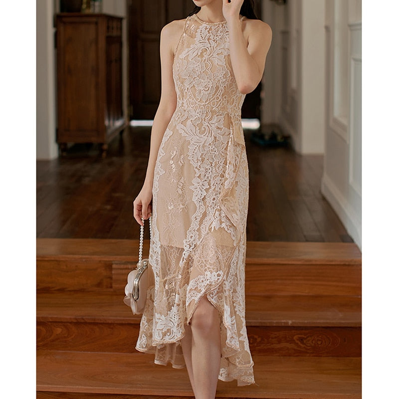 Lizakosht Apricot Lace Dress Women Elegant Diamond Ruffle Sleeveless Evening Bodycon Dress Vintage Flower Asymmetry Party Vestido Summer