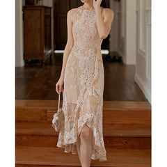 Lizakosht Apricot Lace Dress Women Elegant Diamond Ruffle Sleeveless Evening Bodycon Dress Vintage Flower Asymmetry Party Vestido Summer