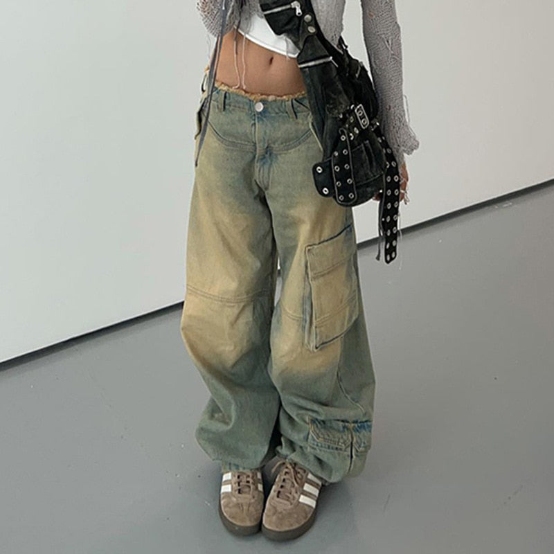 Lizakosht Retro Vintage Distressed Washed Jeans Women Low Waisted Loose Pocket Patchwork Raw Edge Straight Leg Casual Pants