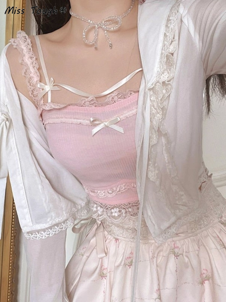 Pink Japanese Kawaii Lolita Crop Top Women White Korean College Style Sweet Tank Top Bow Lace France Princess Vset Female 2022
