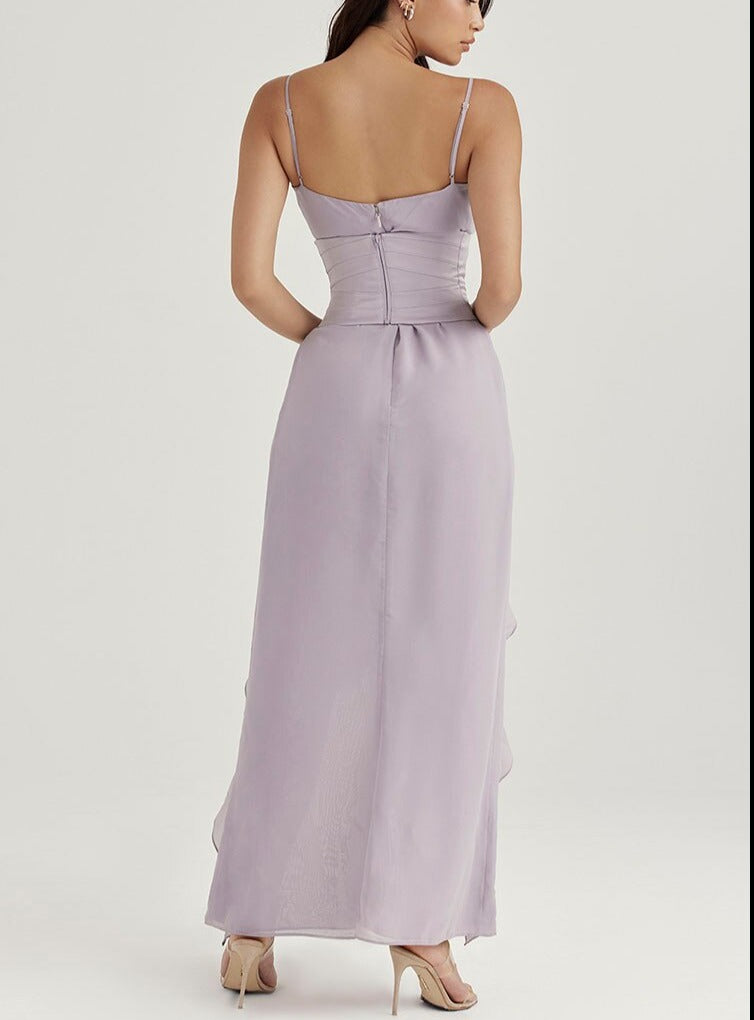 Lizakosht Summer Women'S Dress One-line Suspender Sleeveless Off-the-shoulder Dress Sexy Backless Irregular Ruffled Purple Slim Dresses