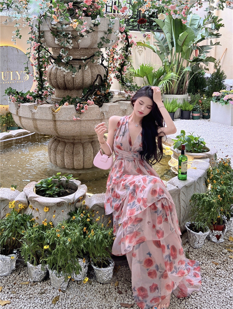 Lizakosht  Summer Backless Beach Long Maxi Dress Vintage Cascading Ruffles Deep V Neck Sexy Floral Print Party Dress Sleeveless Design F242