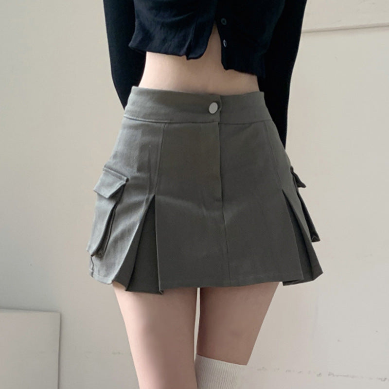 HOUZHOU Vintage Pocket Denim Cargo Skirt Women Korean Preppy Style High Waist Solid A-line Casual Pleated Mini Skirt Y2K E Girl
