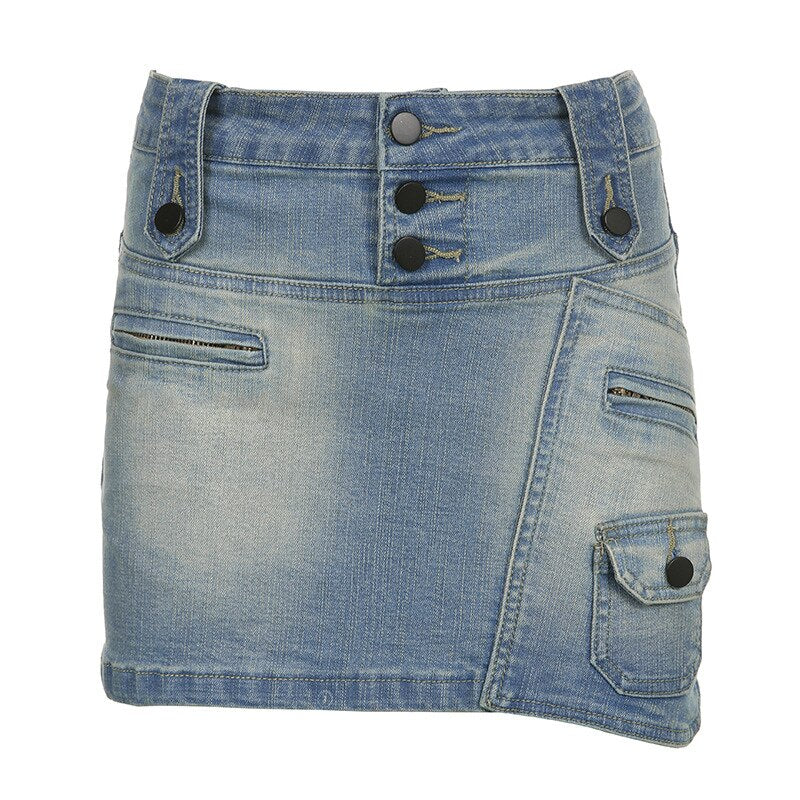 Lizakosht Street Trend Irregular Women's Denim Skirt Fashion Pocket Design Gradient Color Hip Skirt Casual Women Short Skirts New