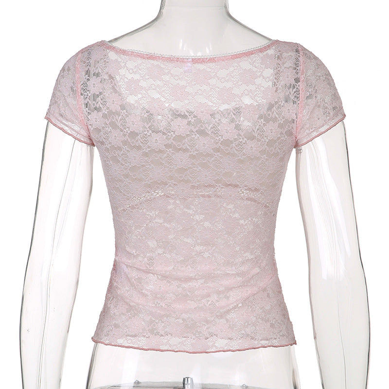 Lizakosht Women's T-Shirt Sweet Girly Pink Lace Splicing Pullover Short Top French Square Neck Tie Slim Fit
