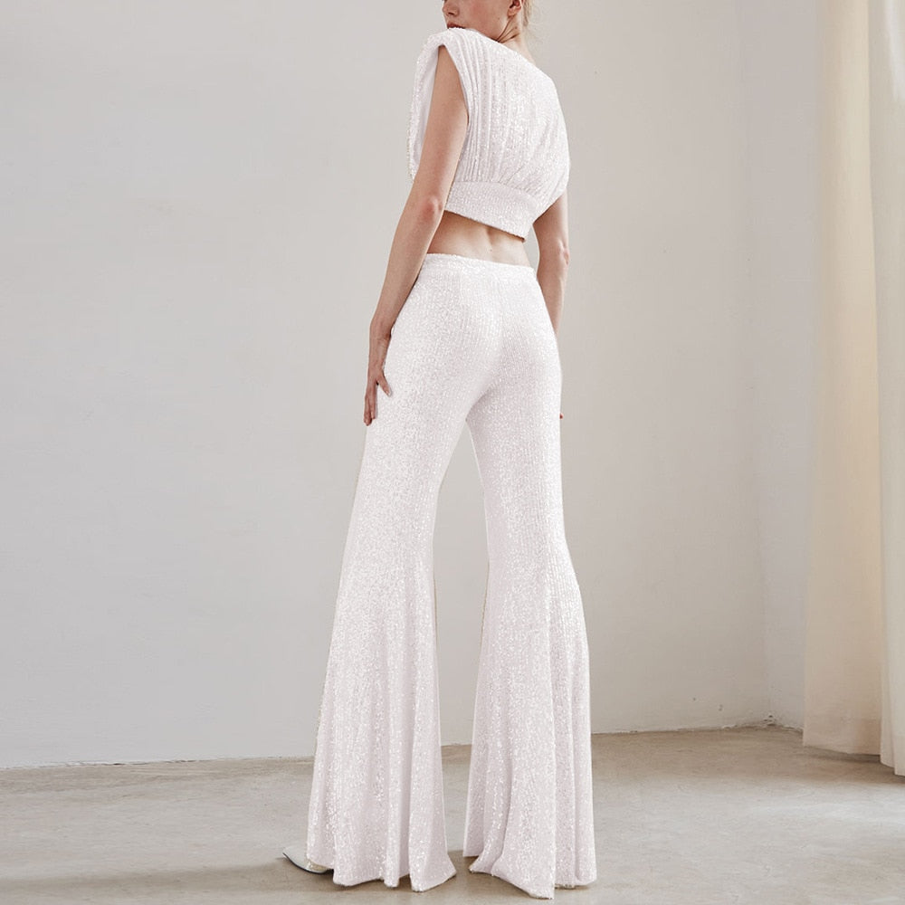 Lizakosht Summer Women'S Clothes Set Fashion Sequin Splicing Temperament Sleeveless Vest And Slim-Fit Mid-Waist Flared Pants Two-Piece Set