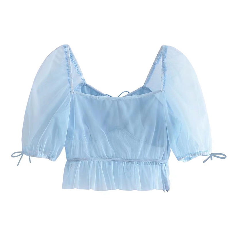 Summer 2022 Women Solid Vintage Puff Sleeve Transparent Mesh Tops V Neck Short Sleeve Shirt Female Crop All-match Slim Blouse