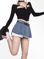 HOUZHOU Sexy Korean Denim Micro Skirt Women Summer Y2K High Waist Irregular Patchwork Fake Two-piece Belt Mini Skirt Streetwear